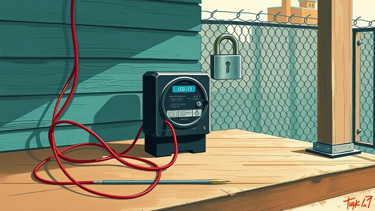 Illustration: A sleek black utility meter sits on a weathered wooden porch.