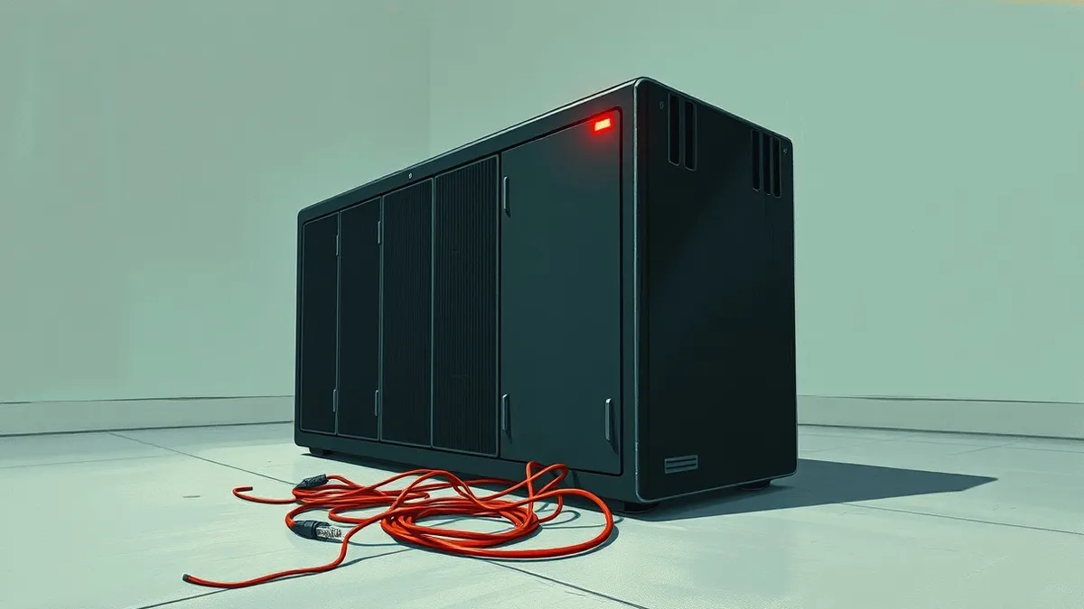 Illustration: A sleek black server appliance sits alone in a sterile room.