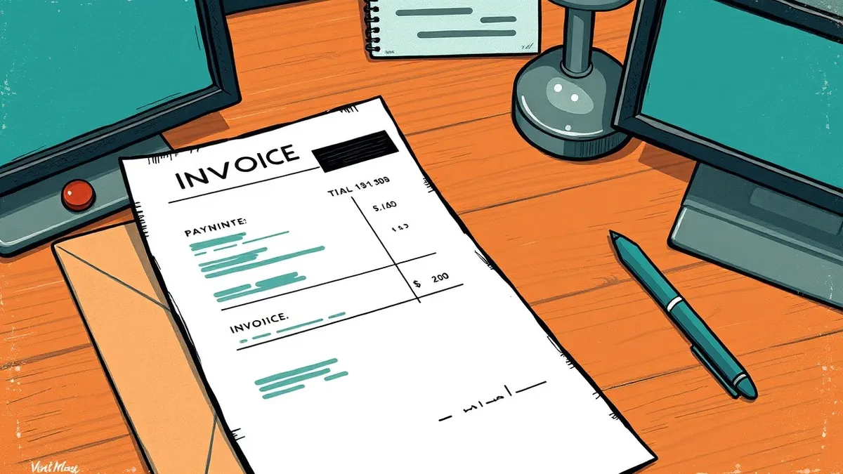 Illustration: A blank invoice rests on a wooden desk beside a generic envelope.