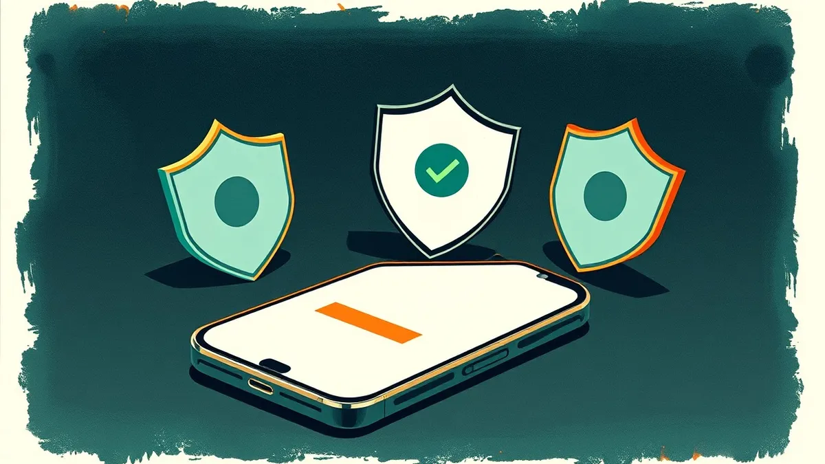 Illustration: A sleek smartphone rests on a dark desk, its screen displaying a blank login form with a single green checkmark icon.