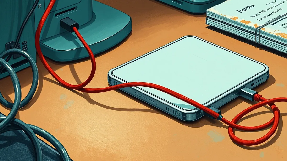 Illustration: A pristine smartphone lies on a desk beside a tangle of cables.