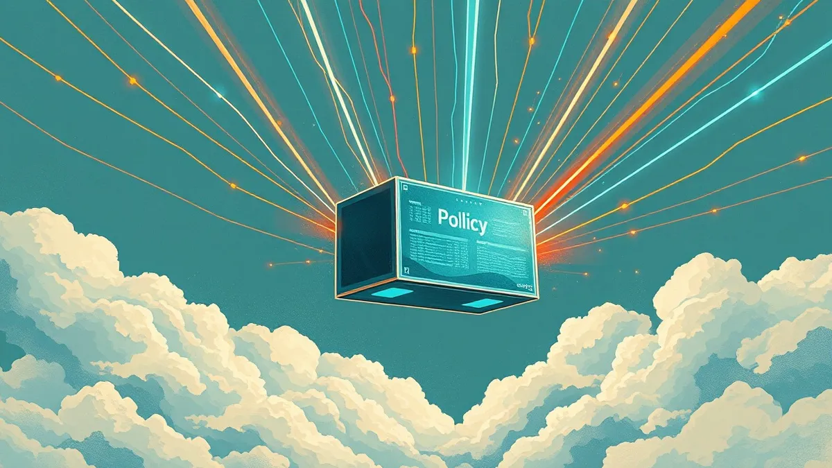 Illustration: A sleek, translucent policy engine floats in the center of a bright cloud environment.