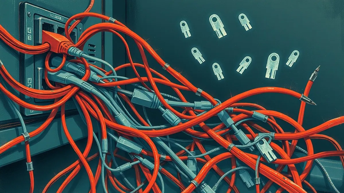Illustration: A chaotic tangle of red and grey network cables spills from a server port, with faint translucent ghostly shapes of keys drifting away into the dark background.