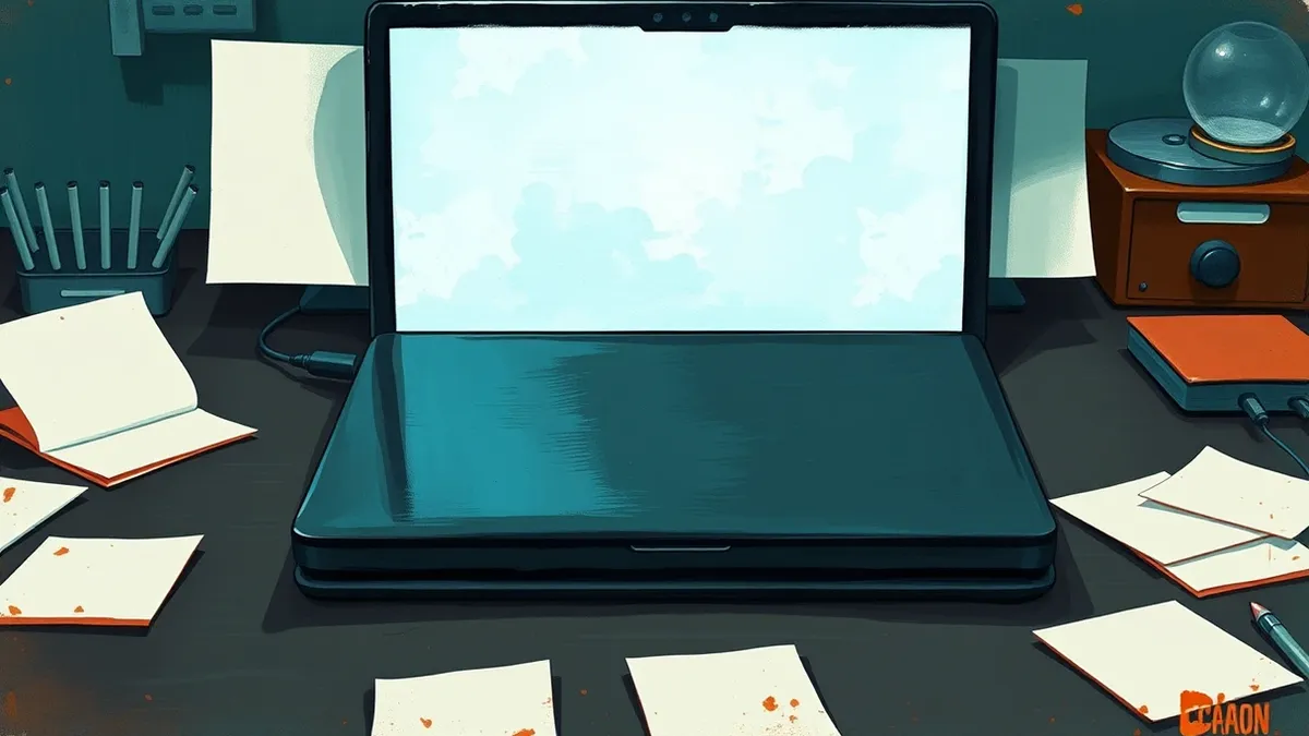 Illustration: A sleek black laptop sits closed on a dark wooden desk, surrounded by scattered sticky notes with blank white surfaces.