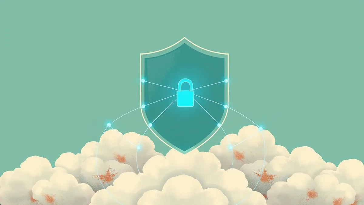 Illustration: A transparent, floating geometric shield hovers above a cluster of soft, white cloud shapes.