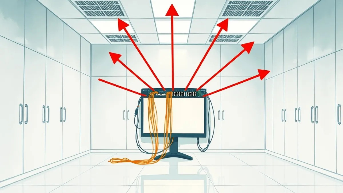 Illustration: A clean white testing lab contains a single sophisticated network switch with tangled cables.