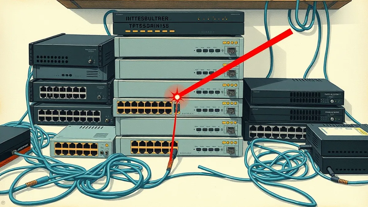 Illustration: A neatly stacked pile of identical gray network switches and black routers sits on a white desk, surrounded by tangled blue ethernet cables.