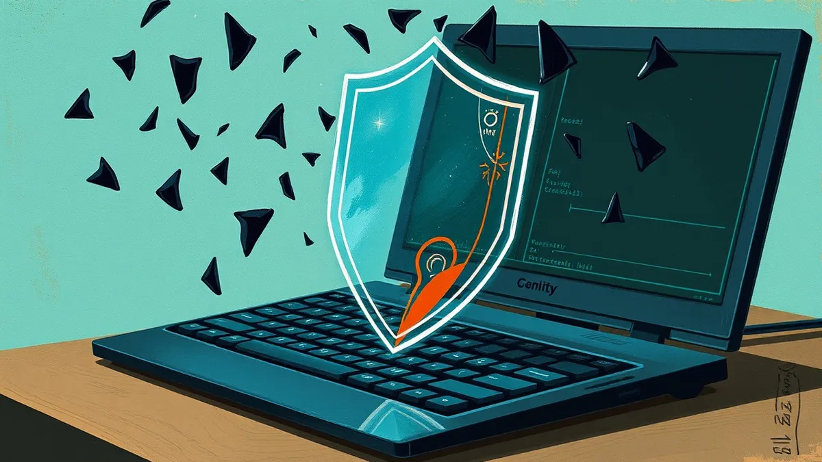 Illustration: A translucent, geometric shield hovers just above a sleek, black computer keyboard, deflecting jagged, dark shards that rain down from the shadows.