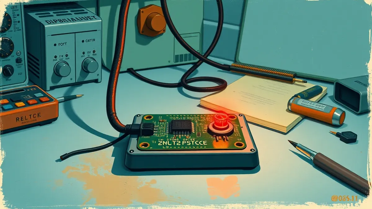 Illustration: A small embedded circuit board sits on a workbench.