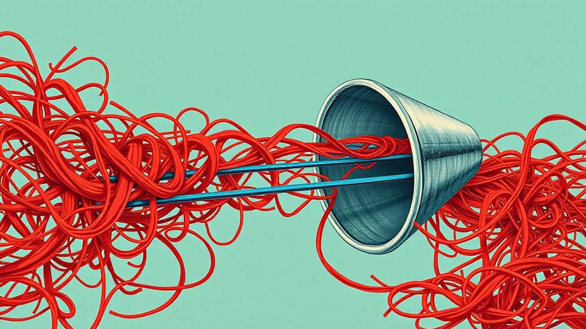 Illustration: A tangled mass of chaotic red threads flows into a sleek metallic funnel.