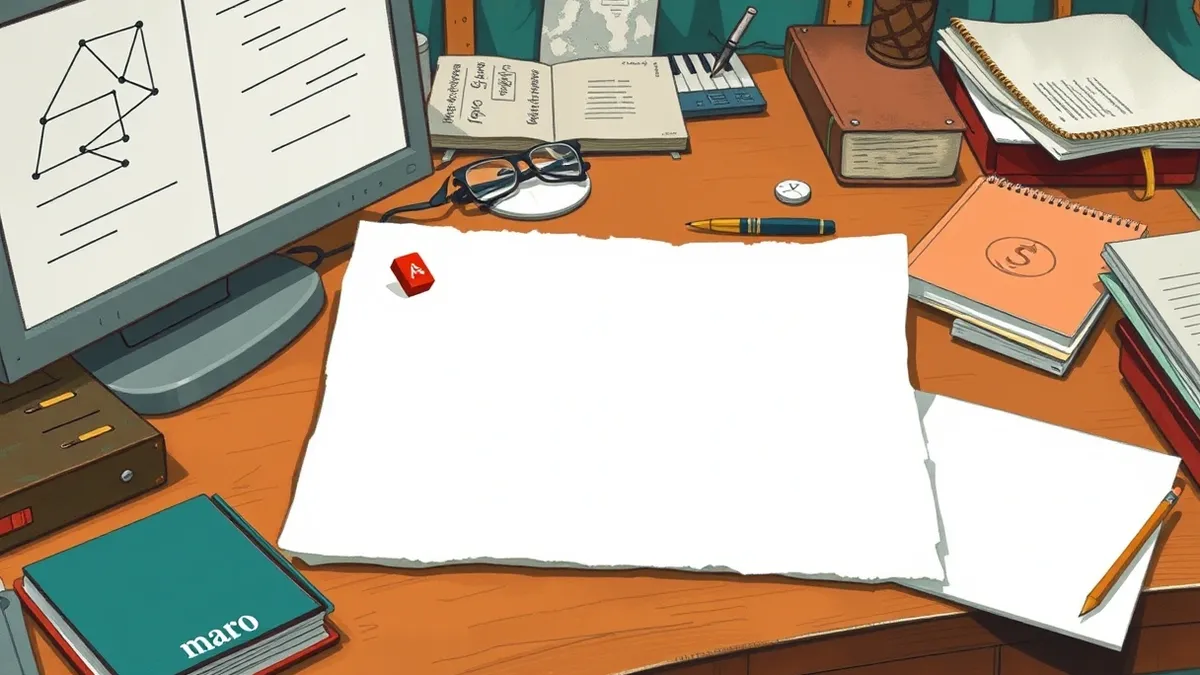 Illustration: A blank white document sheet rests on a cluttered wooden desk.