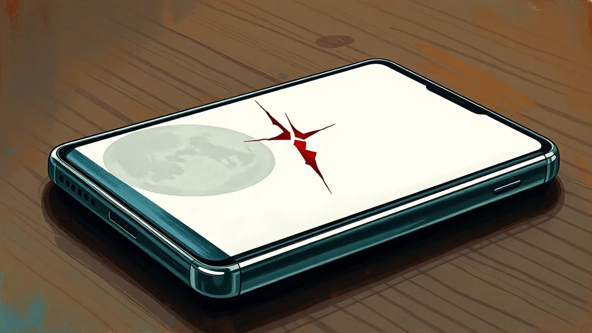 Illustration: A sleek, blank smartphone rests on a dark wooden table, its screen displaying a minimalist, uncluttered layout with soft gray abstract shapes.