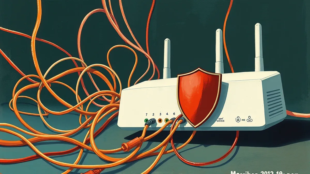 Illustration: A tangled web of loose wires connects to a sleek white router, while a red shield blocks stray cables from escaping into the dark void.