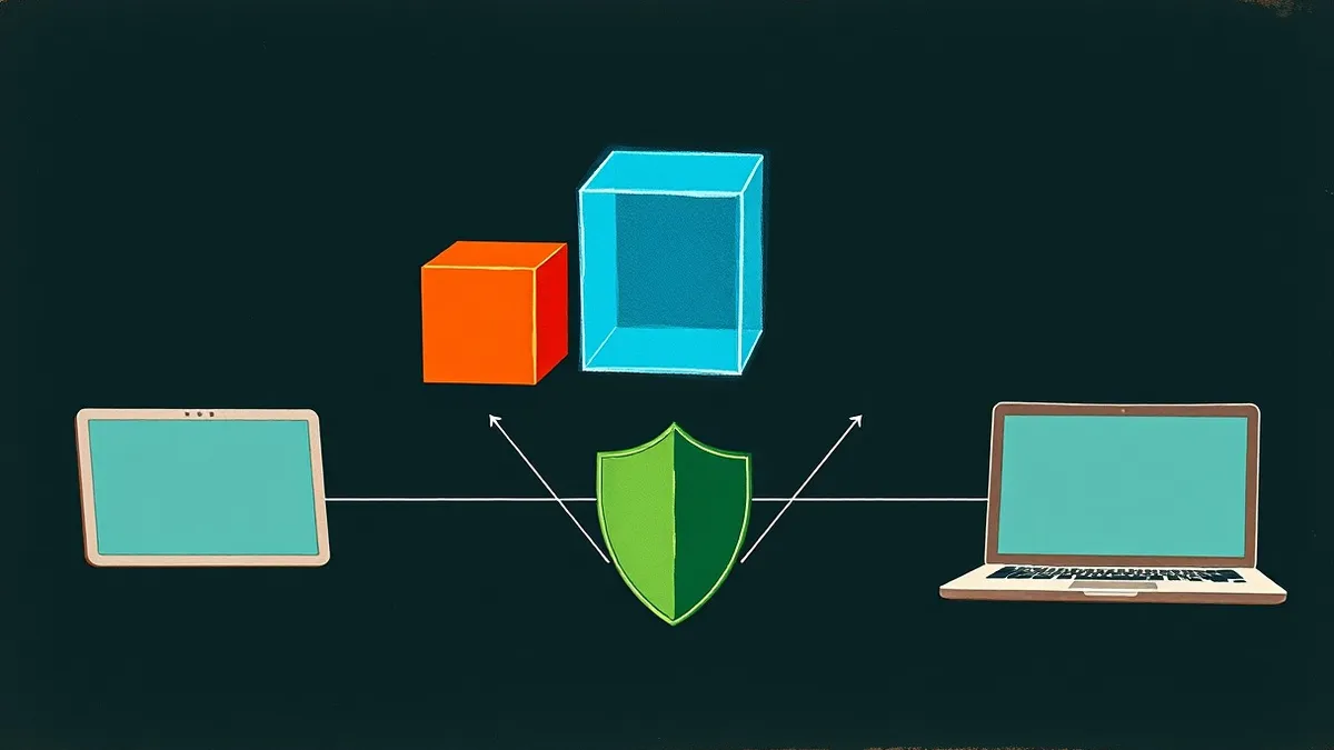 Illustration: Three translucent geometric shapes float in a dark void.