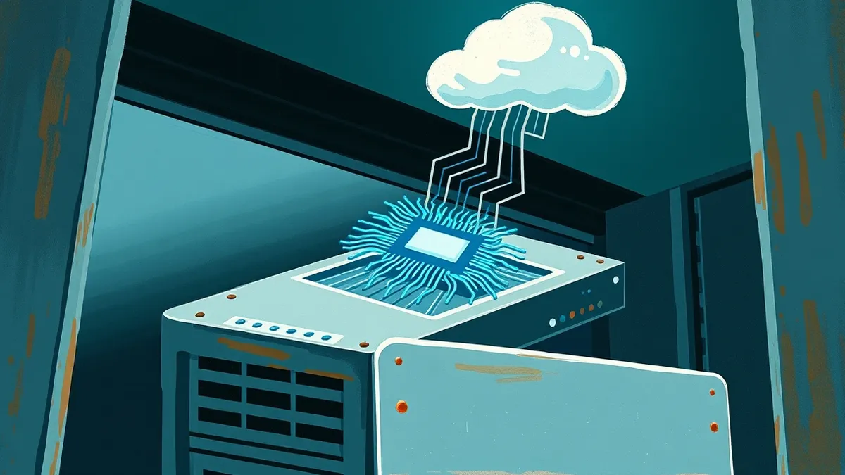 Illustration: A sleek, silver server blade sits inside an open rack, its surface dominated by a single, intricate microchip with glowing blue circuit lines.
