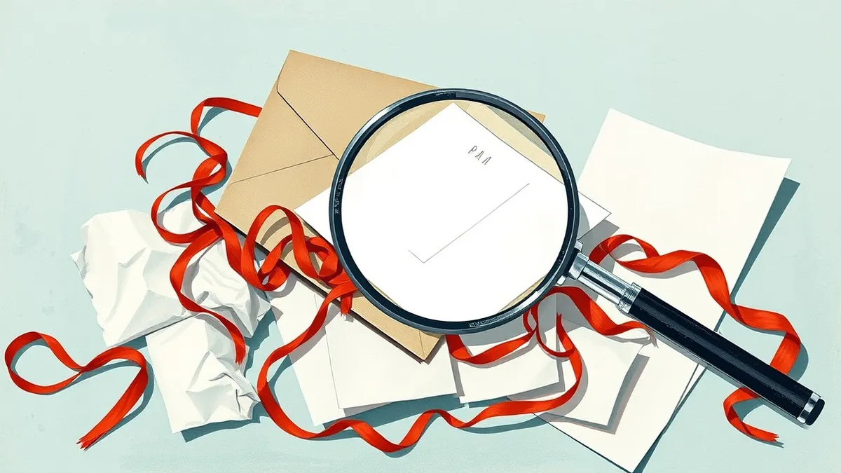 Illustration: An open envelope spills tangled red ribbons and crumpled paper onto a clean desk surface.