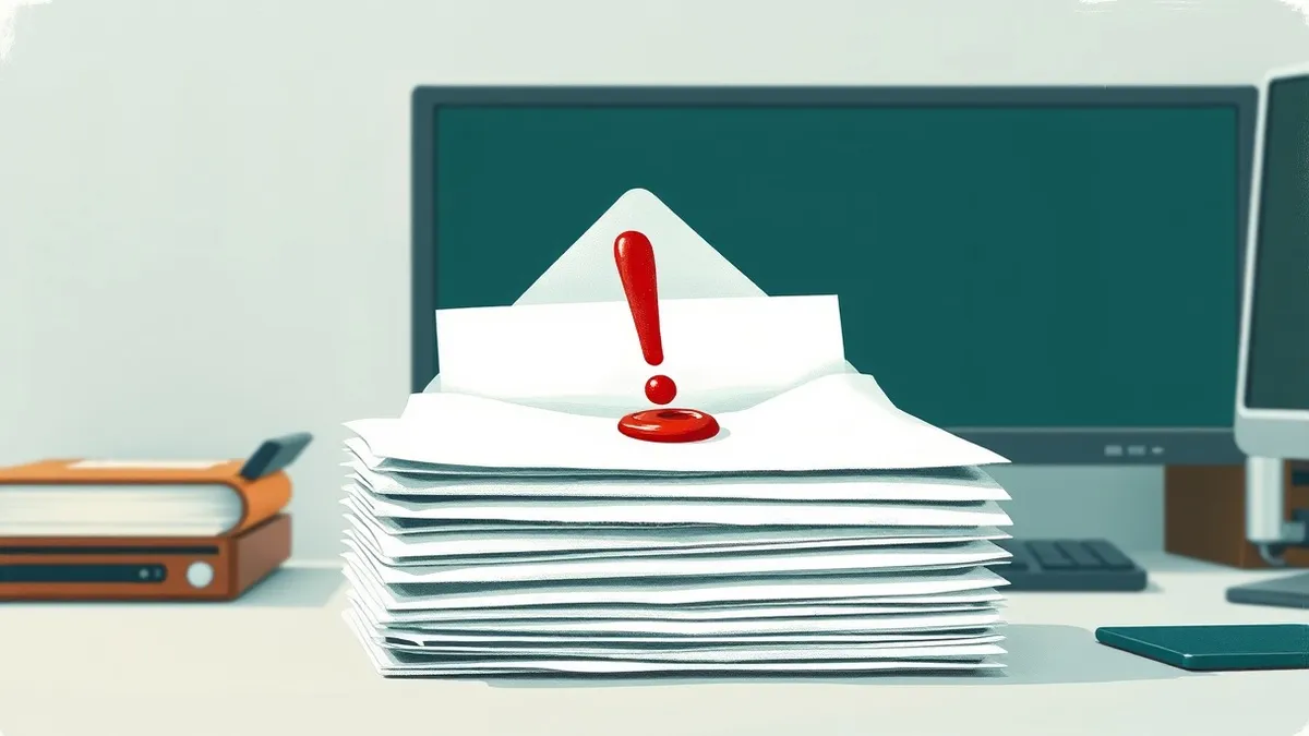 Illustration: A thick stack of white envelopes sits on a clean desk, each sealed with a bright red wax stamp shaped like an exclamation mark.