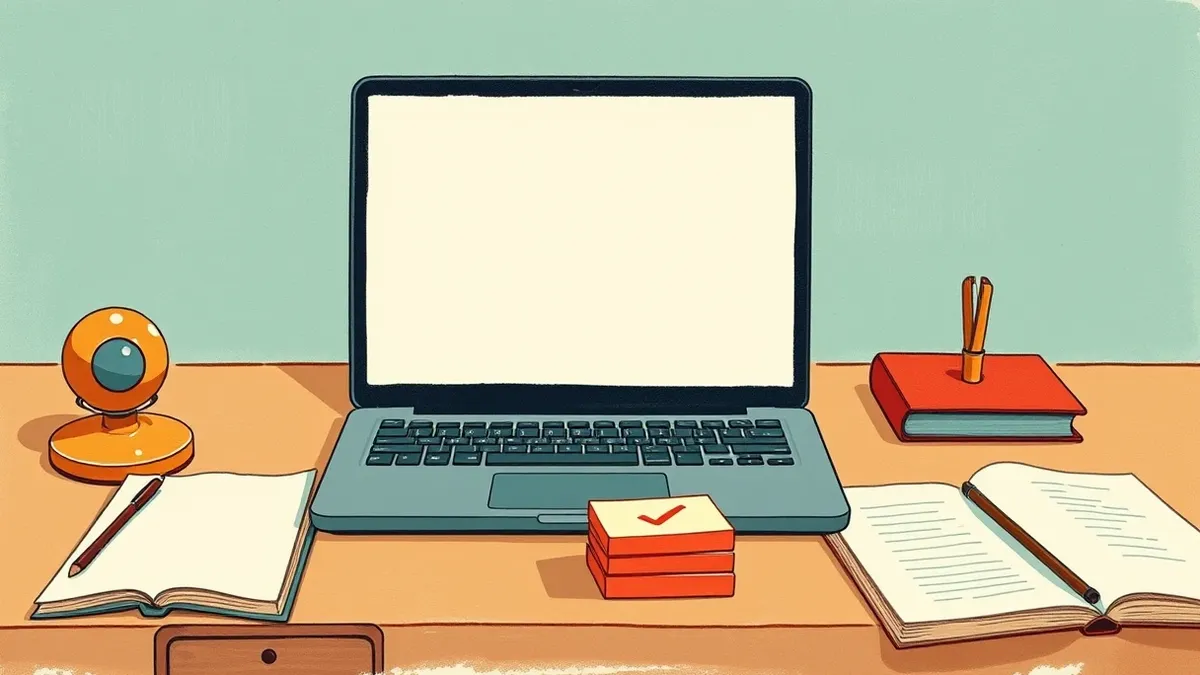 Illustration: A minimalist desk holds an open laptop with a blank screen and a single stack of sticky notes.