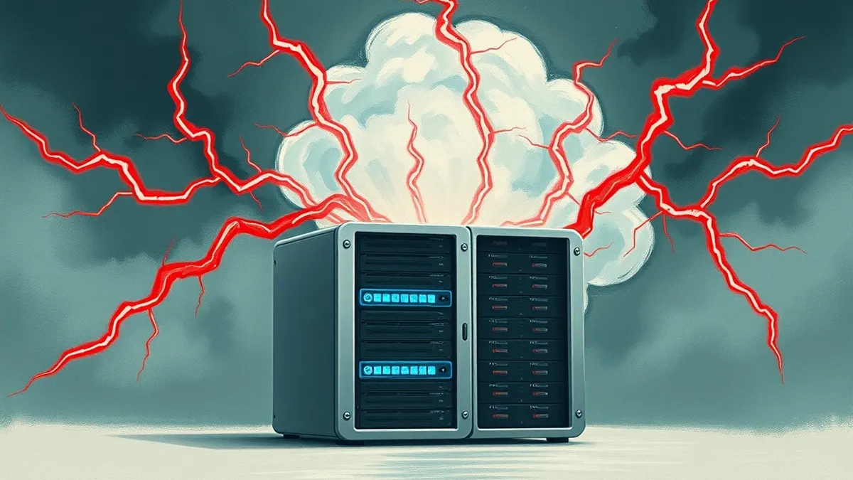 Illustration: A sleek silver server rack stands isolated in the foreground, its drive bays emitting a soft blue glow.