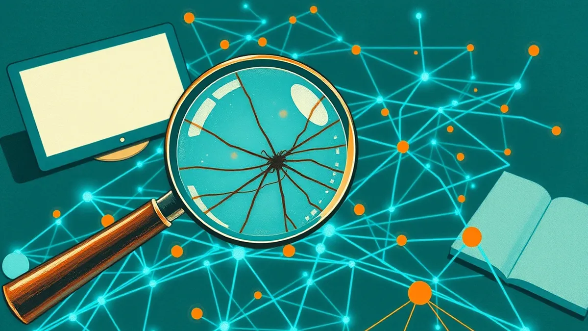 Illustration: A magnifying glass hovers over a tangled web of glowing blue lines and abstract geometric shapes on a dark surface.