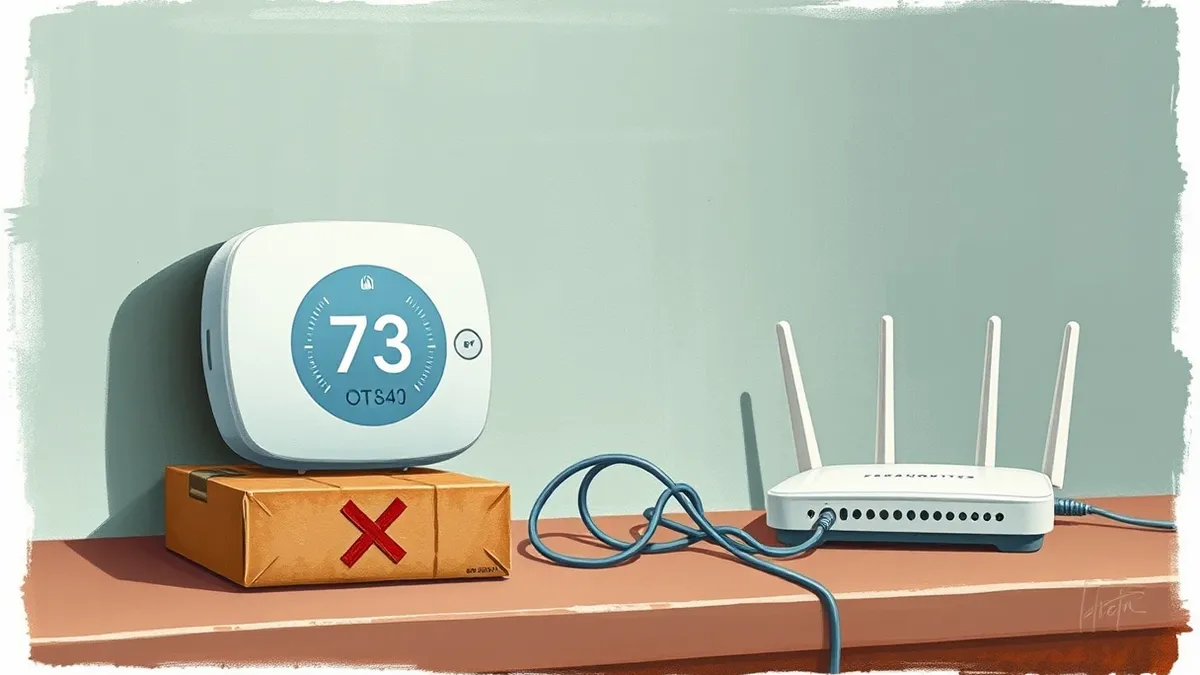 Illustration: A white smart thermostat sits on a wall beside a small cardboard box marked with a faded red cross.