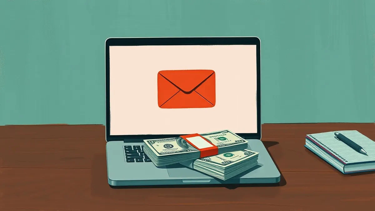 Illustration: A solitary laptop sits open on a dark wooden desk, its screen displaying a blank interface with a single, large red envelope icon floating in the center.