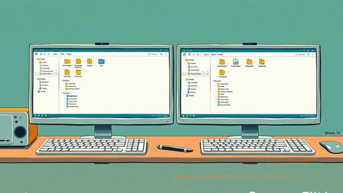 Illustration: A dual-screen workstation displays two identical desktop environments side by side.