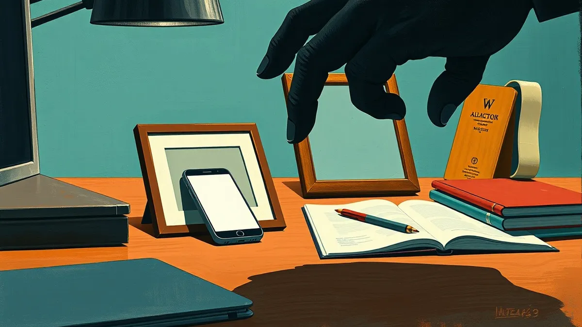 Illustration: A sleek office desk holds a smartphone next to a framed family photograph.