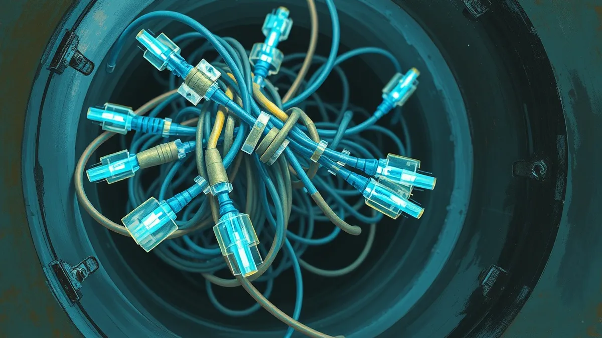 Illustration: A tangled bundle of fiber optic cables glows with vibrant blue light as they snake through a dark, metallic conduit.