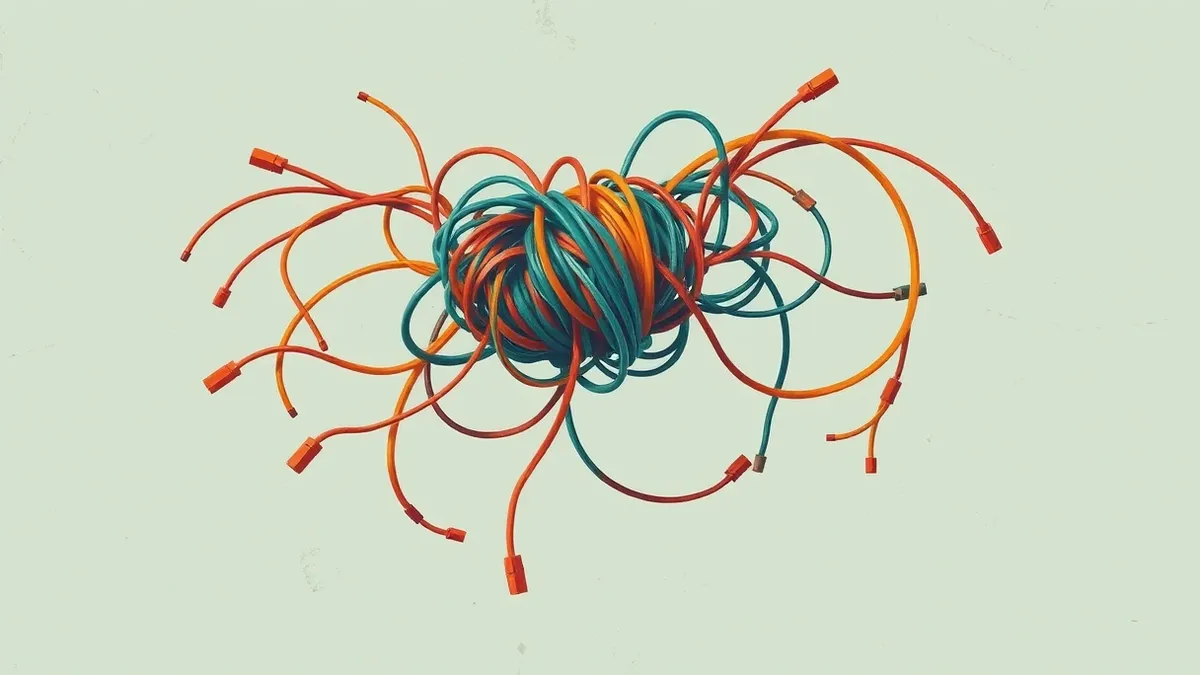 Illustration: A tangled knot of colorful network cables floats in mid-air, representing confused data requests.