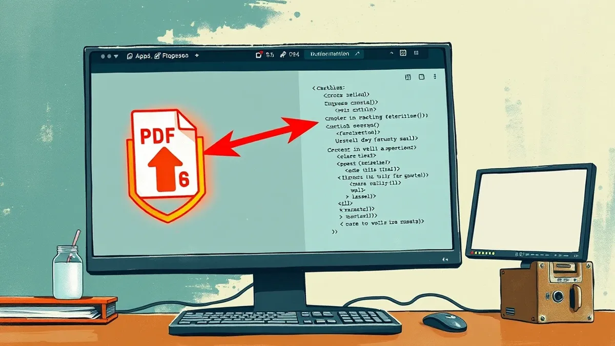 Illustration: A desktop monitor displays a PDF editing interface with a prominent file upload icon.