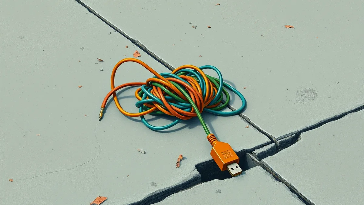 Illustration: A tangled knot of colorful cables sits loosely on a concrete floor, symbolizing the mismatched connections between different security protocols.
