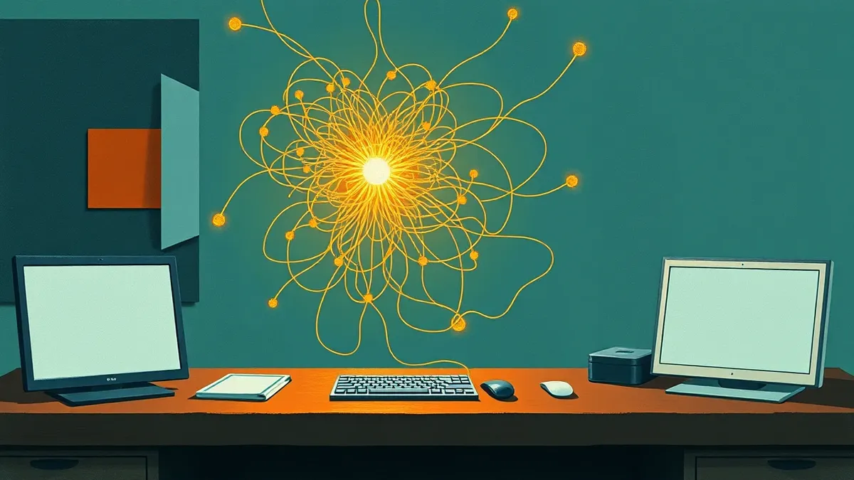 Illustration: A dark, tangled network of glowing threads spreads outward from a single bright entry point on a blank desk surface.