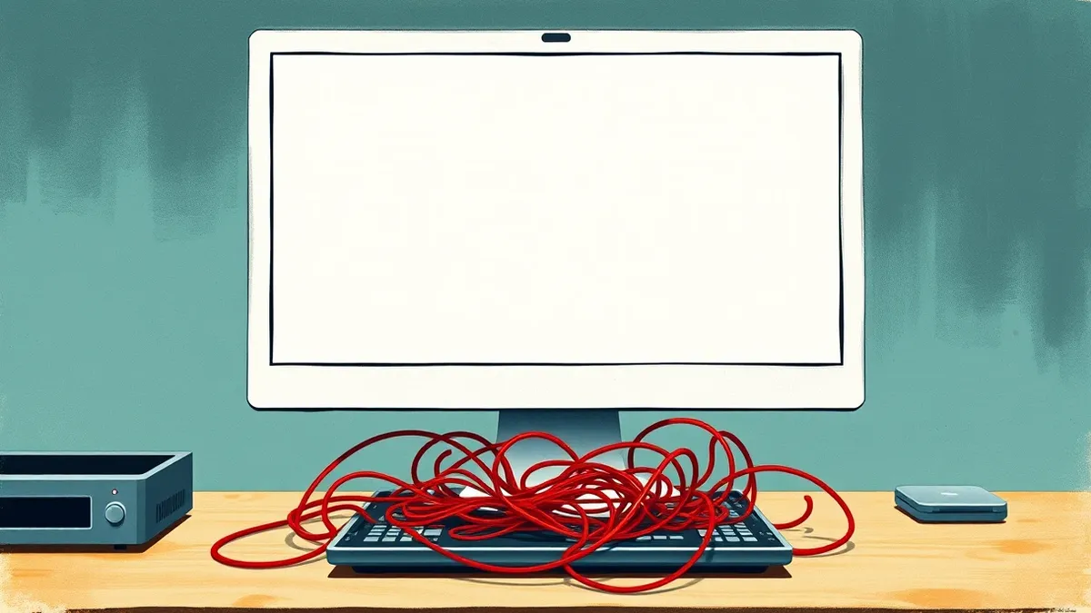 Illustration: A sleek white computer monitor sits on a wooden desk, displaying a blank image gallery interface.