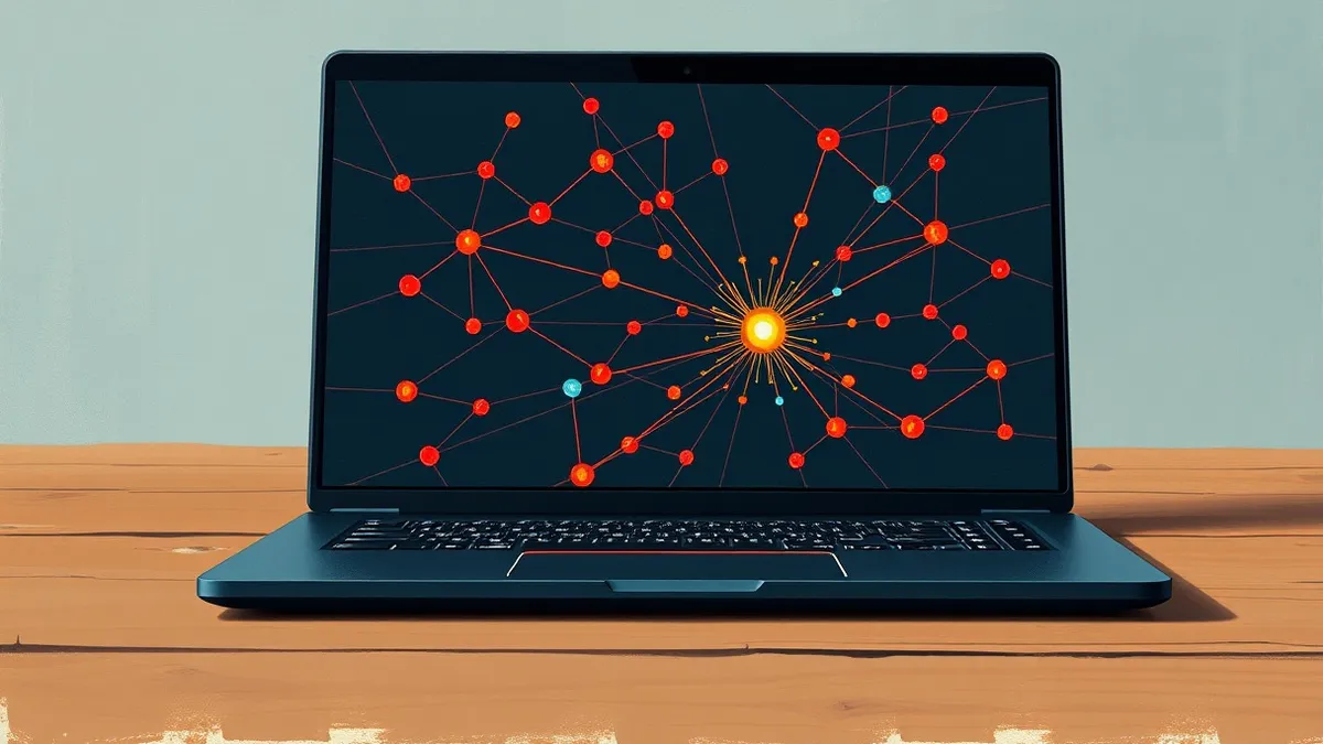 Illustration: A sleek black laptop sits open on a wooden table.