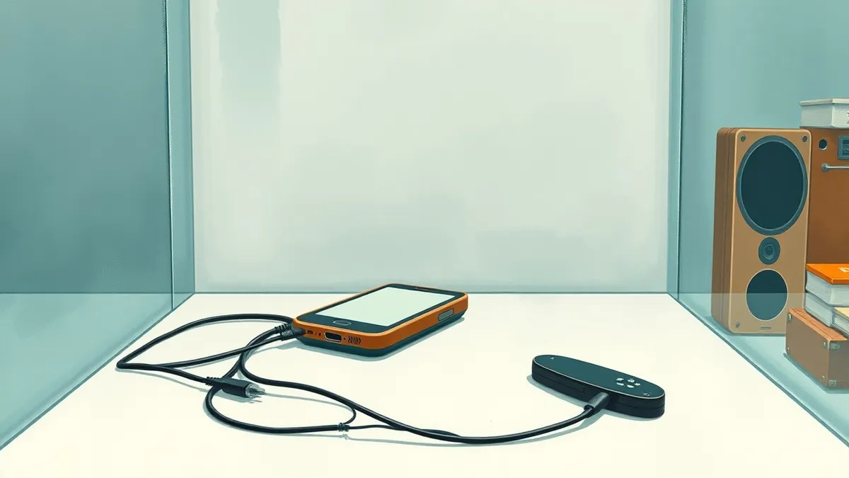 Illustration: A single, outdated smartphone rests on a clean white desk, completely disconnected from any cables.