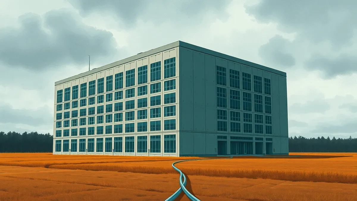 Illustration: A massive concrete data center building sits in a flat German landscape under a cloudy sky.