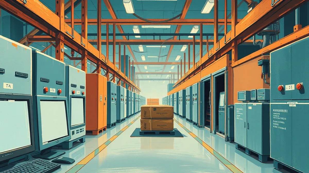 Illustration: A clean software build pipeline flows through a factory-like assembly line.