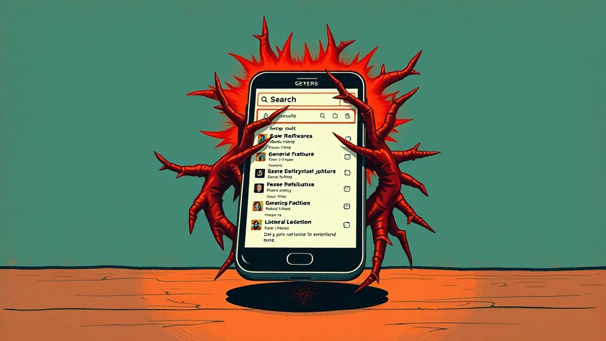 Illustration: A smartphone screen displays a search result listing that glows with an unnatural, jagged red aura.