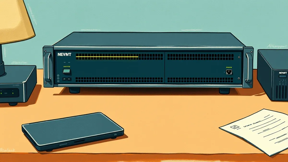 Illustration: A sleek network load balancer appliance sits on a clean desk, its front panel displaying two distinct interface cards.