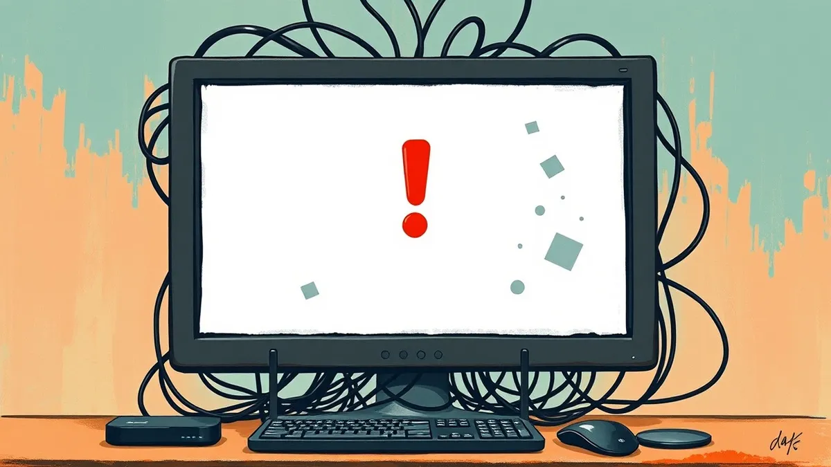 Illustration: A computer monitor displays a blank white window with a large red exclamation point icon floating in the center.