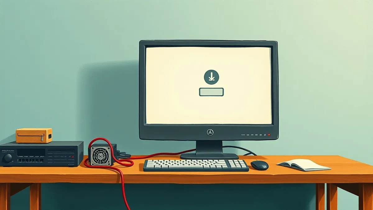 Illustration: A sleek desktop computer sits on a clean wooden desk with its monitor displaying a blank window featuring a generic download icon.