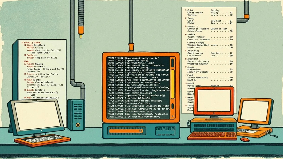 Illustration: A digital assembly line transforms raw code blocks into a structured software package.