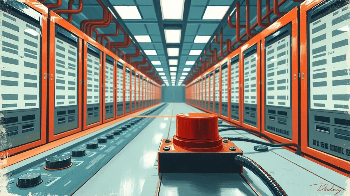 Illustration: A red emergency switch sits prominently on a clean control panel.