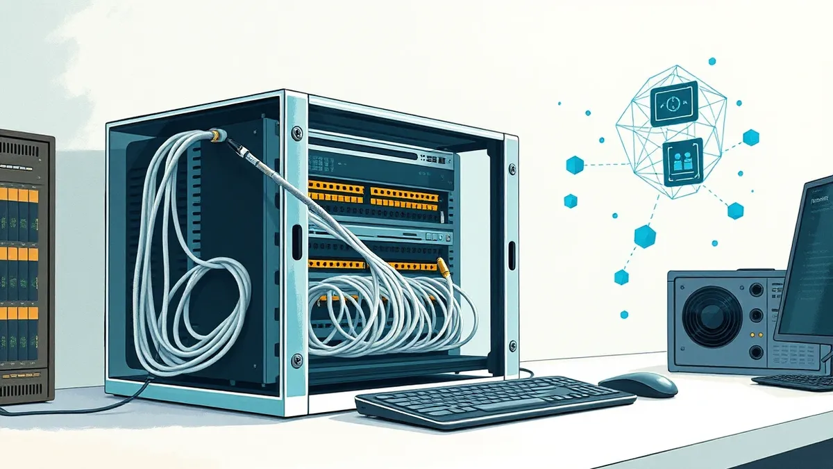 Illustration: A sleek cloud server blade sits inside a transparent glass case, connected by thick white cables to a distant edge computing node.