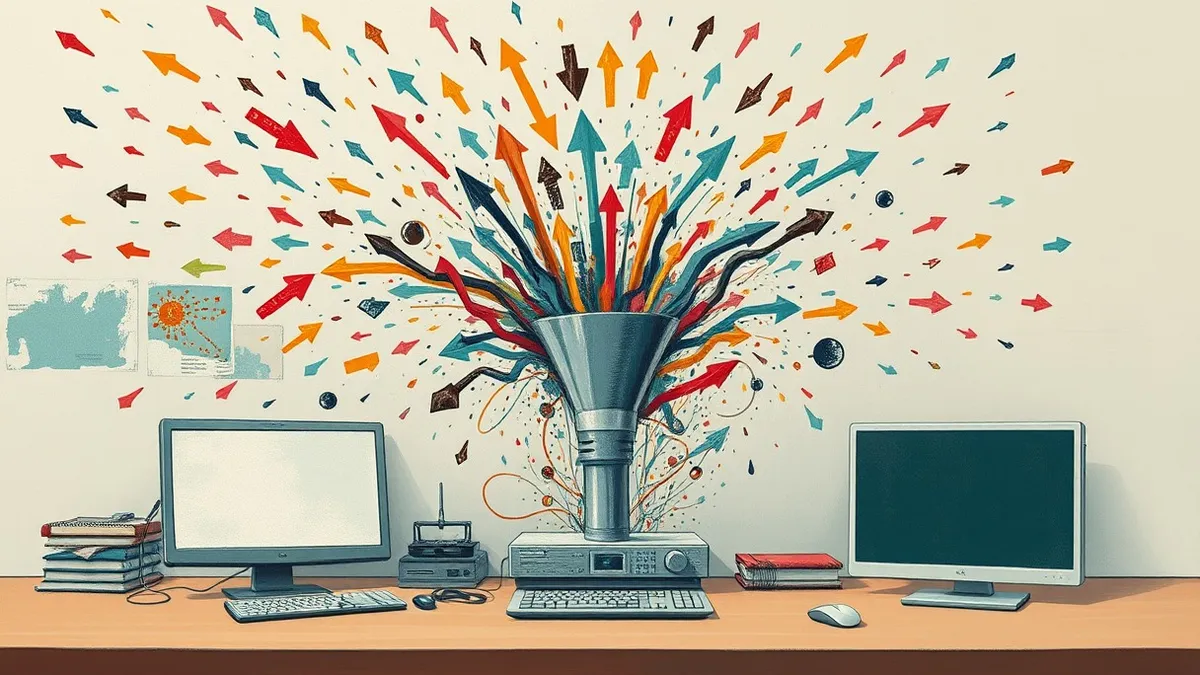 Illustration: A chaotic storm of colorful arrows and abstract shapes flows into a sleek central funnel.