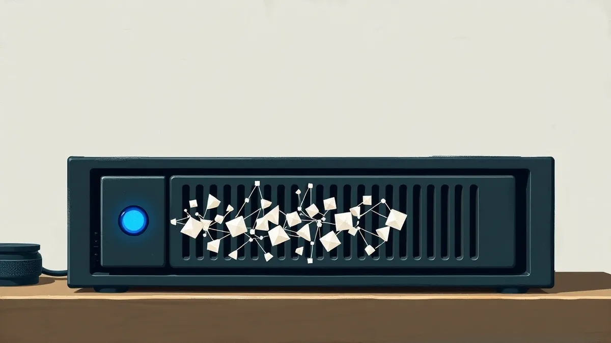 Illustration: A sleek black server blade rests on a clean desk, its front panel featuring a single glowing blue status light.