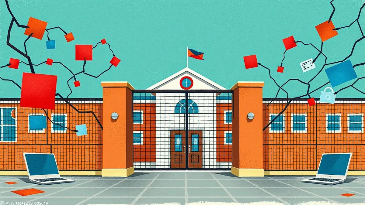 Illustration: A stylized network gate stands before a school building, intercepting colorful data packets.