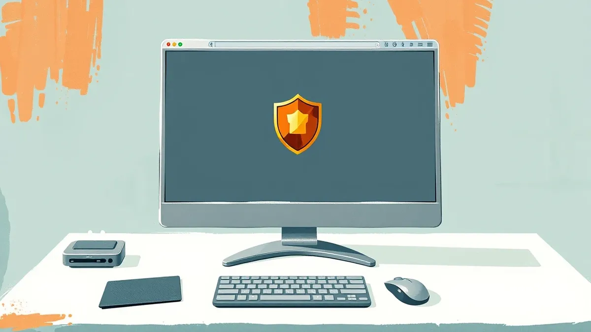 Illustration: A sleek silver desktop computer sits on a clean white desk beside a modern wireless mouse.