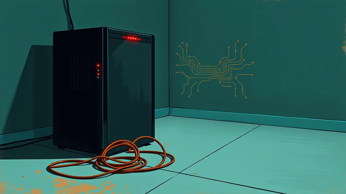 Illustration: A sleek black server sits isolated in a dim room with its network cables unplugged and coiled on the floor.